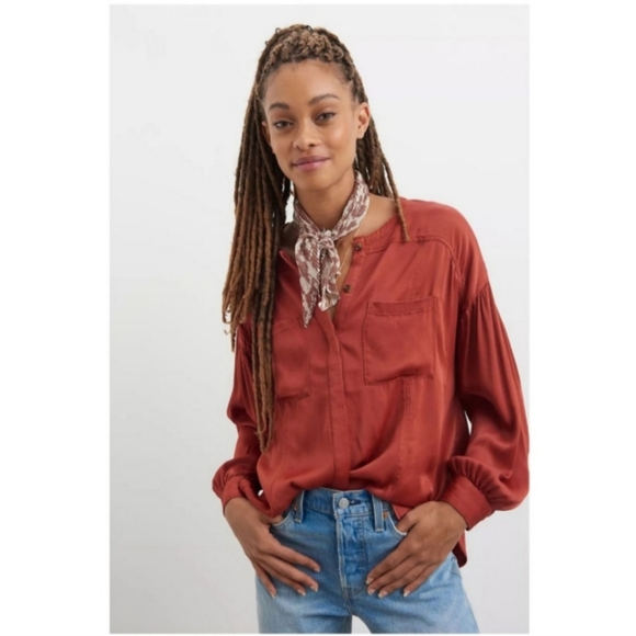 Anthropologie Darrah Western Sophisticated Rust Satin Pleated Button Down Top - Picture 3 of 12